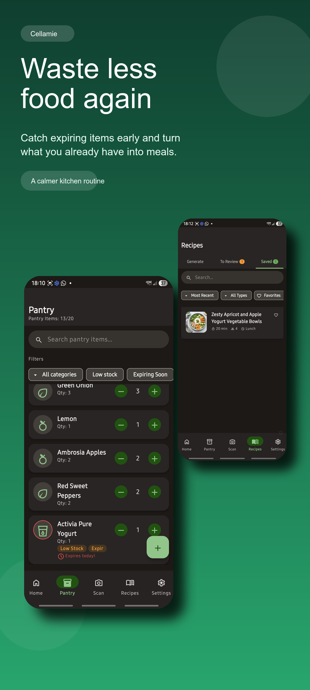 Cellamie promo screenshot showing pantry and recipe screens with the headline Waste less food again.