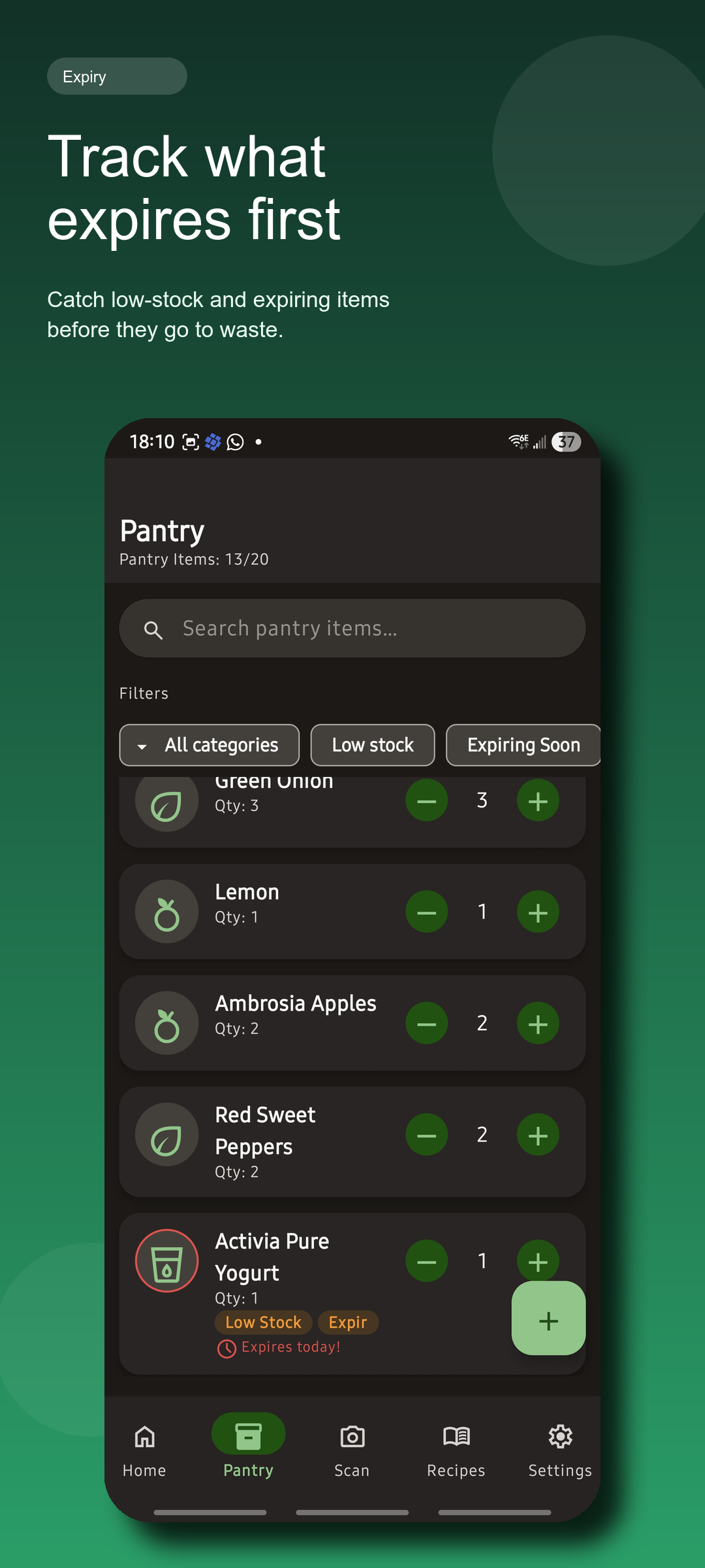 Cellamie pantry screenshot showing low-stock and expiring items with quantity controls.