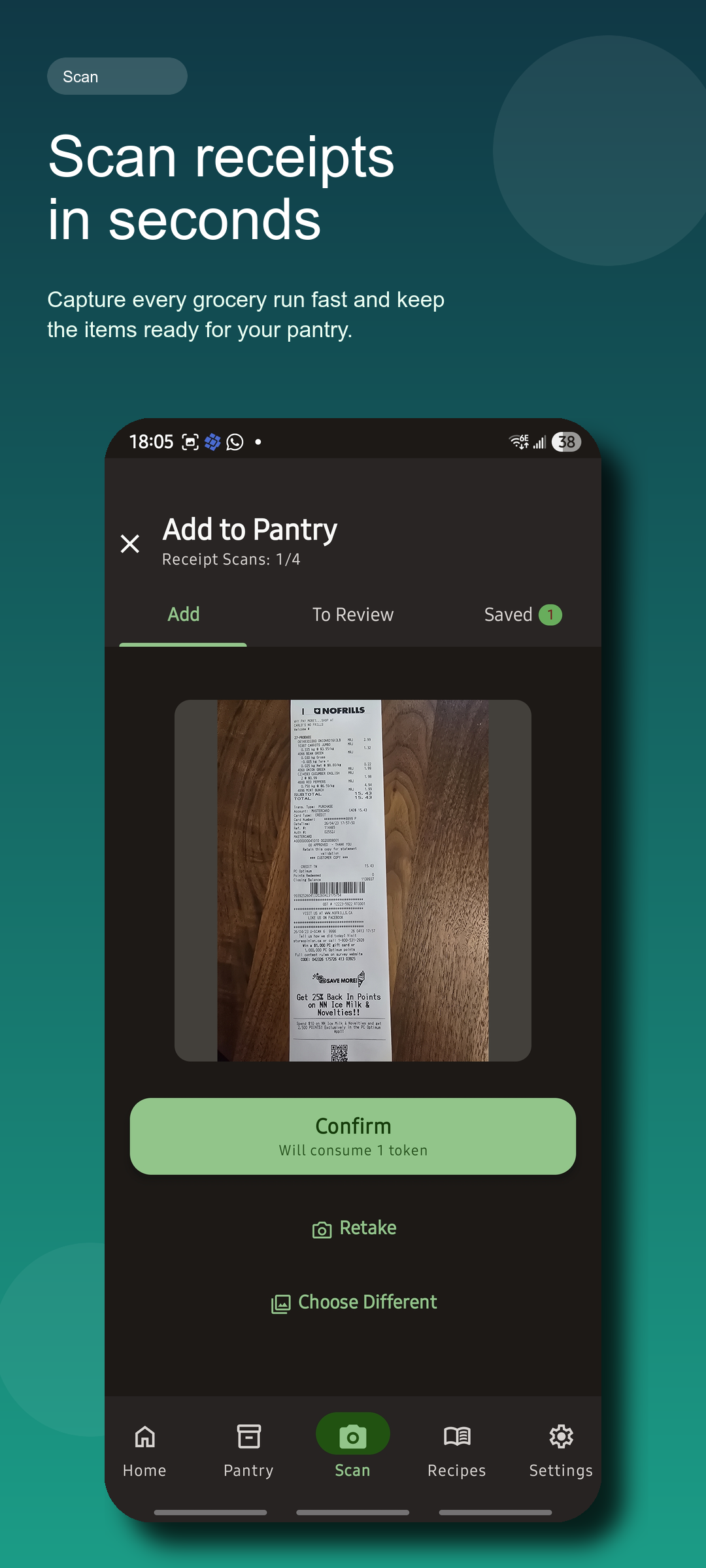 Cellamie screenshot showing the Add to Pantry flow with a grocery receipt ready to confirm.