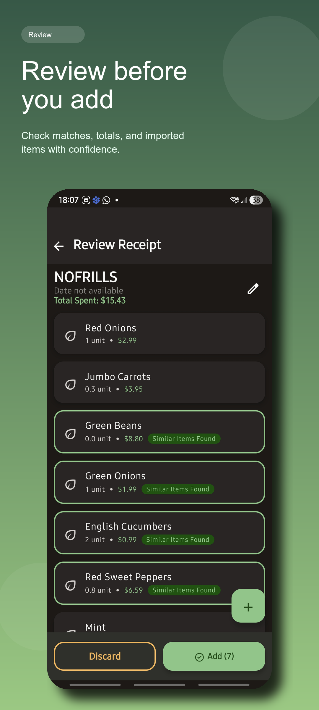 Cellamie screenshot showing the Review Receipt flow with imported grocery items and matches.