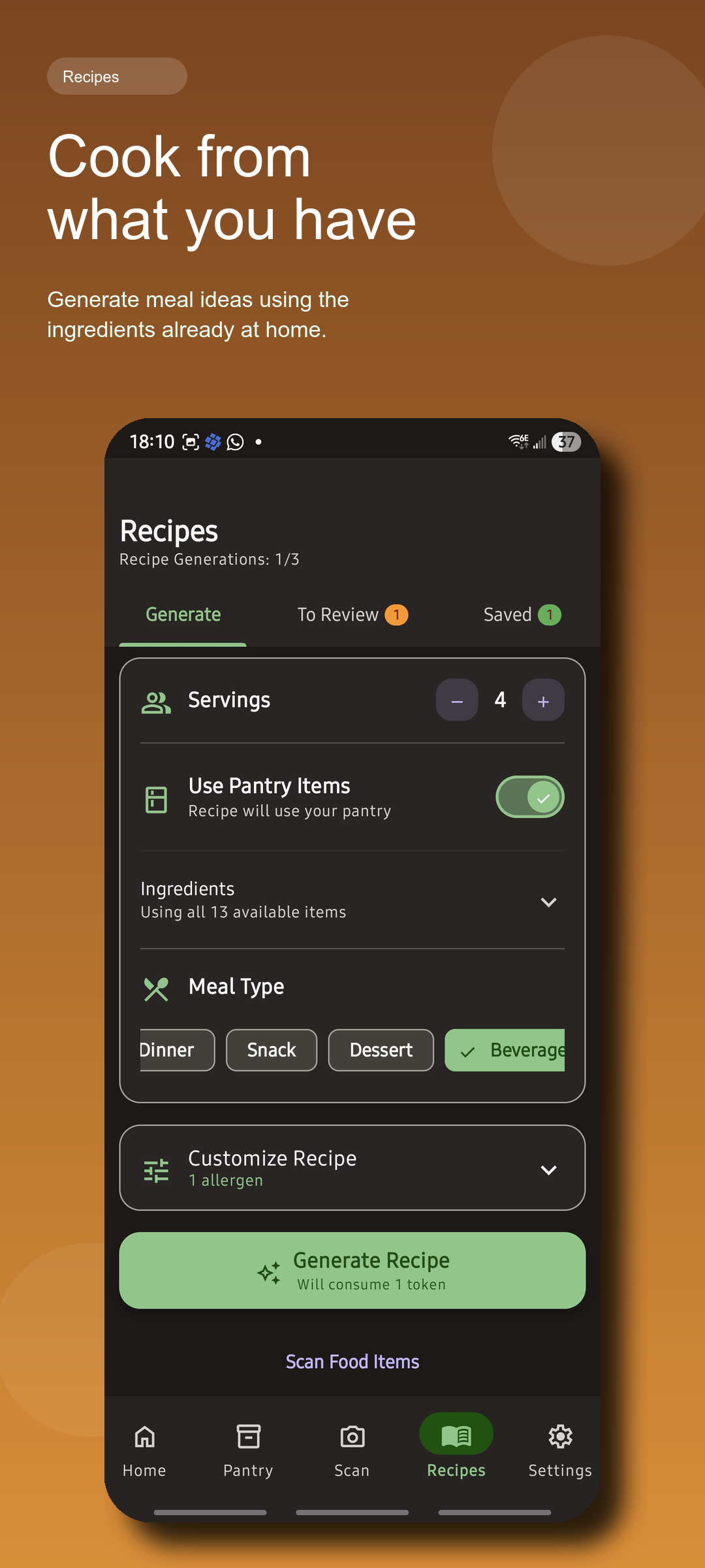 Cellamie screenshot showing recipe generation options based on pantry ingredients.