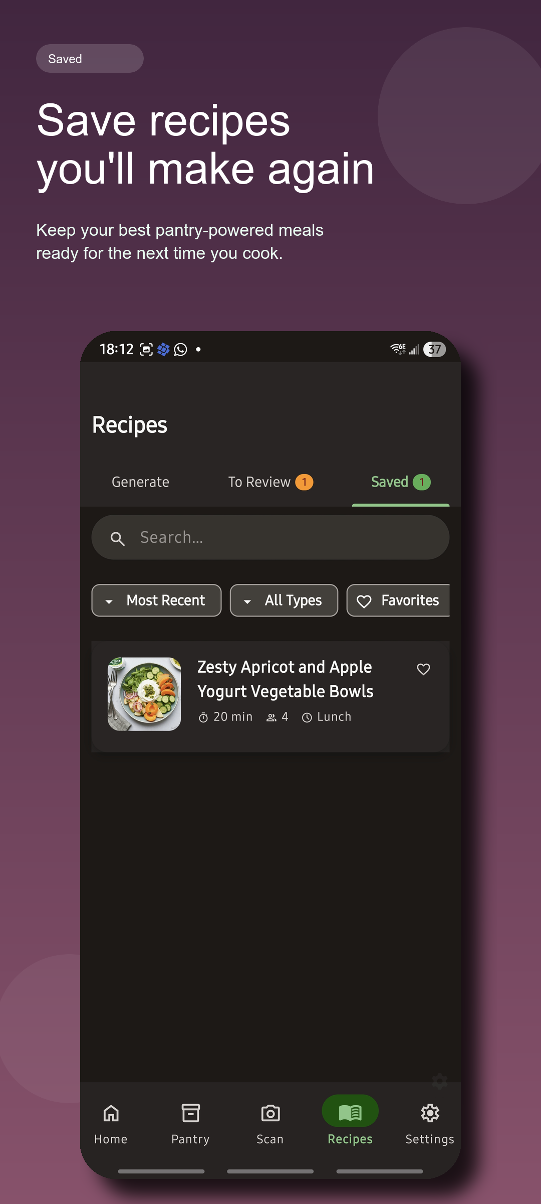 Cellamie screenshot showing the saved recipes tab with a favorite recipe card.