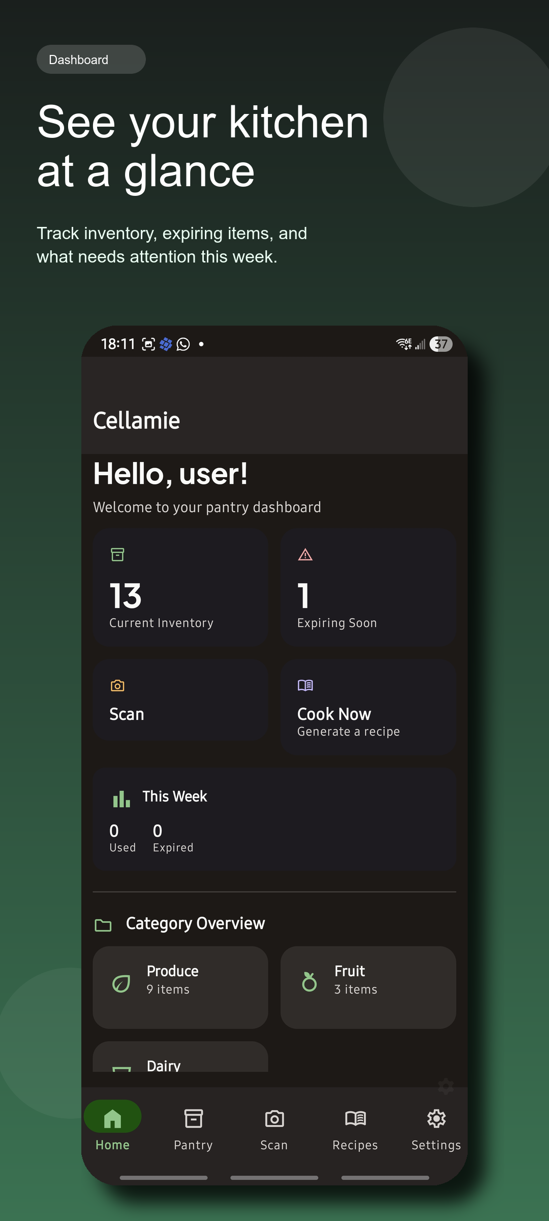 Cellamie dashboard screenshot showing kitchen summary cards, weekly stats, and category overview.